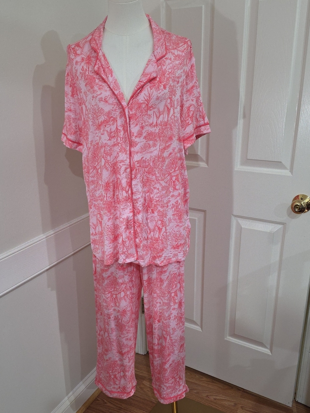 Ellen Tracy Pink Safari Toile Short Sleeve Capri Pajama Set XL